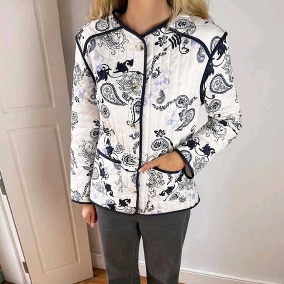 Contrast Color Print Quilted Round Neck Long Sleeve Jacket, Autum - Picture 1 of 5